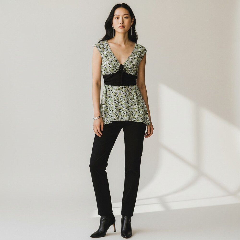Max Studio Boho Floral Tunic Top Dress Green Empire Waist Size S